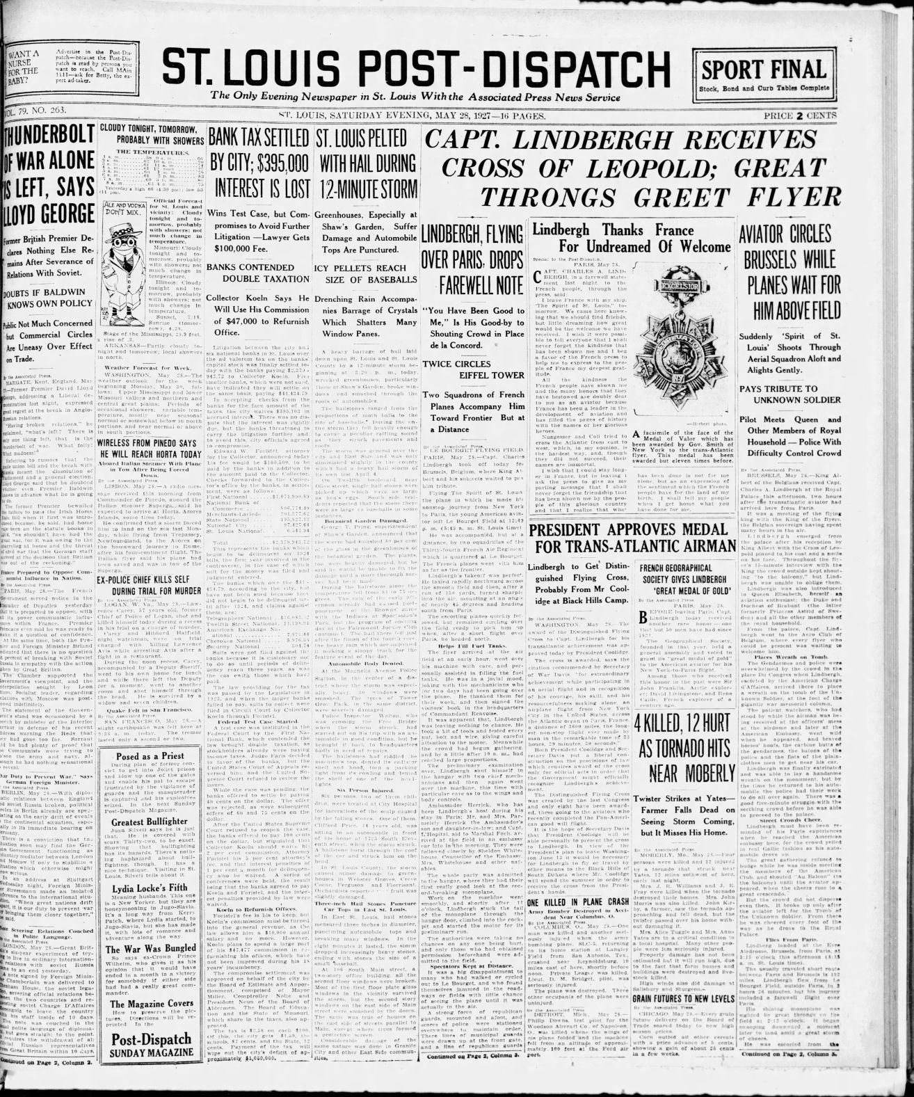 May 28, 1927 - Lindberg Receives Cross of Leopold